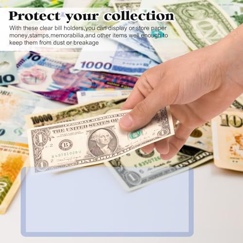 Rainmae 50 Pack Hard Plastic Clear Money Holder, 6.8" x 2.9" PVC Transparent Bill Money Top-Load Sleeves Display Holder, Waterproof Currency Sleeves Dollar Bill Display Protector Organizer Supplies…