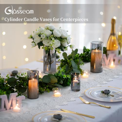 Glasseam Glass Cylinder Vase Grey: 3Pcs Modern Flower Vases for Living Room Dining Table Centrepiece - Decorative Hurricane Candle Holders Pampas Grass Tulip Vase for Flowers (10/15/20cm) - Image 4