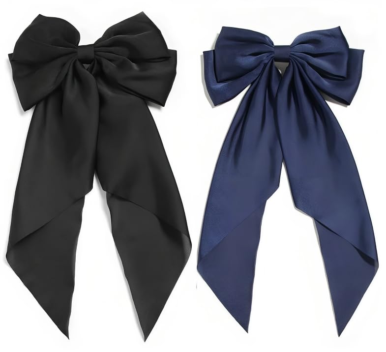 Image of FilterFashion Big Satin Layered Hair Bows for Women Girls 11.5 Inch Barrette Hair Clip Long Back Ribbon Bows French Style Hair Accessories (NavyBlue,Black)