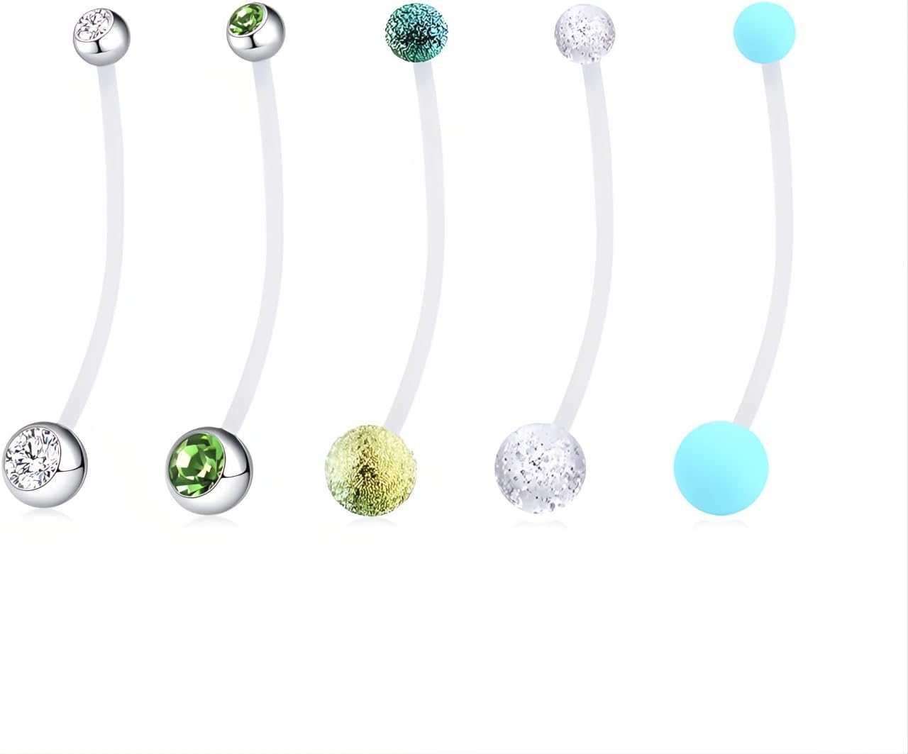 14 G Green Pregnancy Belly Button Rings for Pregnant Women 5 pcs Long Acrylic Maternity Belly Bar Jewelry Set Cubic Zirconia Helix Piercing Retainers Plastic Clear Navel Piercings Kit Size 38 MM