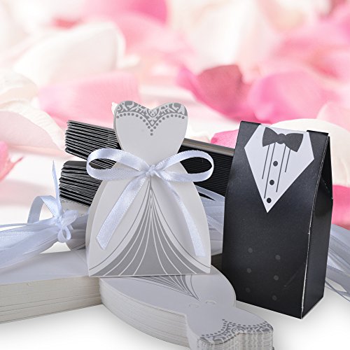 Boxcute WEDD002 Scatole per bomboniere di matrimonio a forma di smoking e abito da sposa con nastro, 100 pezzi