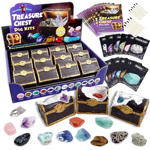 DANCING BEAR Treasure Chest Dig Kit Party Pack for 12 Kids, Excavate 12 Surprise Real Gems & Crystals, STEM Education, Fun Pirate Booty Hunt, Science Activity Gift Sets for Girls and Boys