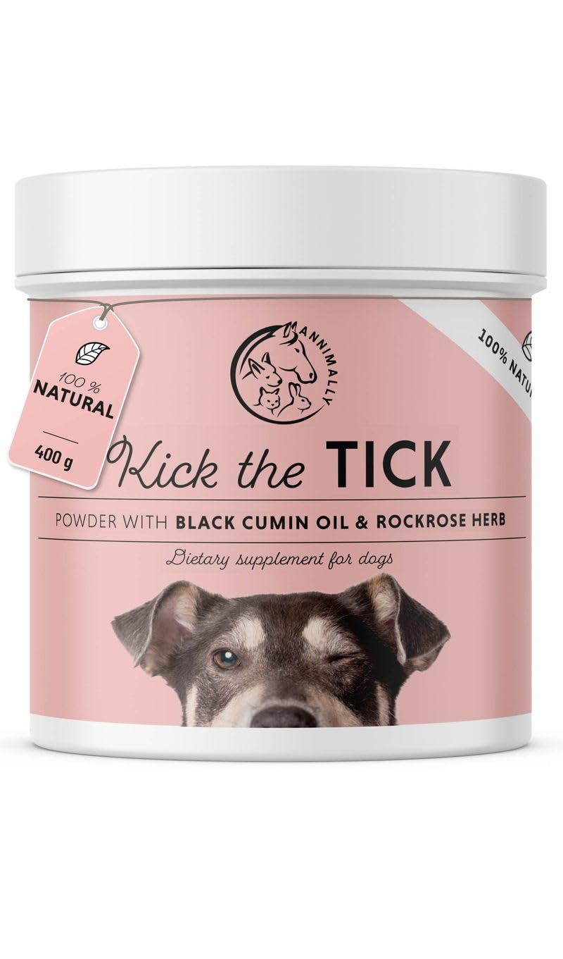 Annimally Kick The Tick Powder for Dogs, 400g with Black Cumin Oil, Rockrose Herb, Brewerβs Yeast & Seaweed