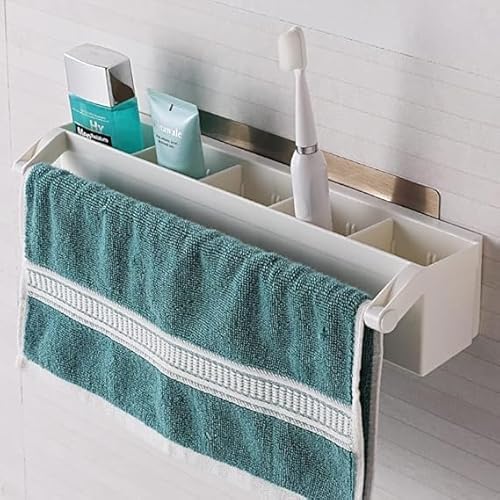 Image of DDNK 2-in-1 Multifunction Towel Rack & Bathroom Plastic Cosmetics Organizer | Toothbrush Holder & Wall Shelf | Space-Saving Dish Storage Rack, Pack of 1 (WhiteA85)