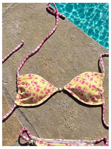 Image of RoseSeek Women's Floral Print Cheeky Bikini Sets Pearl Decor Halter Triangle High Cut String Thong Swimsuits