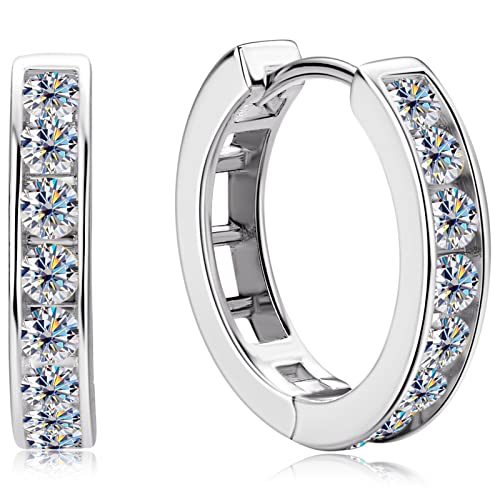 Moissanite Hoop Earrings Channel Setting Round D Color VVS1 Clarity 925 Sterling Silver Hinged Huggie Durable Hoop Earring Gifts for Women and Men