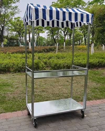 Oracra Puesto de Mercado Puestos de Comida Móviles sobre Ruedas, Puestos Móviles para El Mercado Nocturno, Puestos Plegables de Aperitivos en La Carretera, con Toldo a Rayas(Blue)