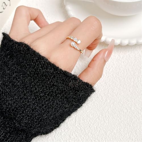 Geometry Pearl Cubic Zirconia Adjustable Finger Ring Minimalist Pearls Wrap Stacking Rings Open Statement Band for Women Christmas Wedding Jewelry2