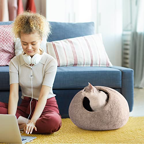 Cat Cave Bed -Handmade Wool Cat Bed Cave, Eco-Friendly Cat Bed Cat House, Felt Cat Caves For Indoor Cats And Kittens (Grey/White) #TOP2