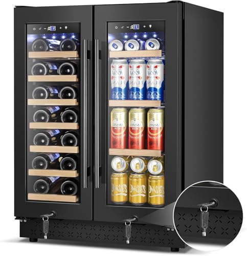 Image of 24 Inch Dual Zone Wine and Beverage Fridge - 20 Bottles + 88 Cans, Glass Door Lock, Wood Shelves, Low-E Coating, Auto Defrost - Undercounter or Freestanding