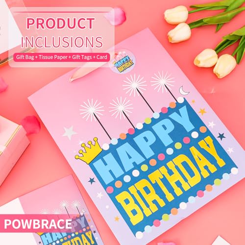 Image of Powbrace 13 inch Pink Happy Birthday Bag with Tissue Paper and Greeting Card for Party, Happy Birthday Gift Bag for Men Women,Gift Bags Medium size(1 PCS Pink, Gift Bag)