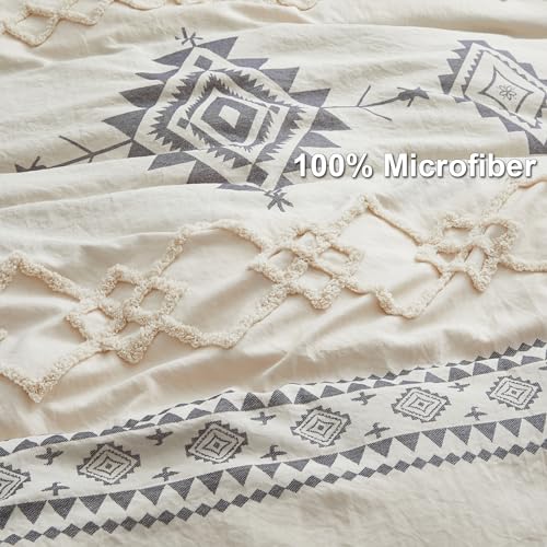 Image of Oli Anderson Boho Duvet Cover Set Queen Size, Beige and Gray Color Clash 3 Pieces Microfiber Bedding Set, Durable and Super Soft Duvet Covers with Zipper and Ties, 90 inch*90 inch