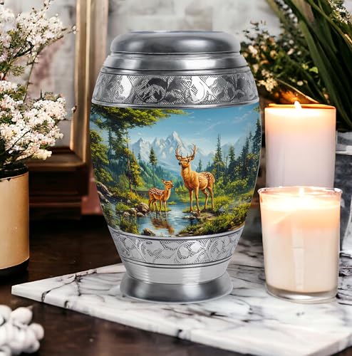Image of Deer Urn - Small Cremation Urn for Ashes for Women & Men - Keepsake Funeral Urns for Male Dad - Combo of 10 Inch & 3 Inch