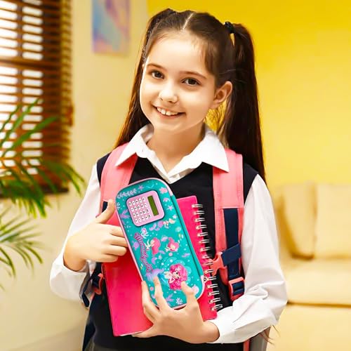 Image of VGRASSP Stationery Pencil Pouch for Kids with Mini Calculator - Mermaid Theme Zipper Case with Multi Storage Compartments - School Supplies Organizer - Multicolor