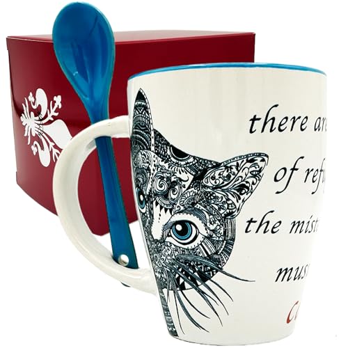 NAREG - Mug en céramique avec cuillère en boîte cadeau pour chat, tasse avec chat, idée cadeau, idéal pour petit déjeuner thé café, adapté au micro-ondes et au lave-vaisselle