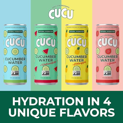Image of CUCU Pressed Cucumber Water Variety Pack - Real Juice from Fresh Cucumbers, Watermelon, Guava & Pineapple, with Vitamin C, Electrolytes, Antioxidants - No Sugar Added, Non-GMO - 11 fl oz Cans, 12 Pack