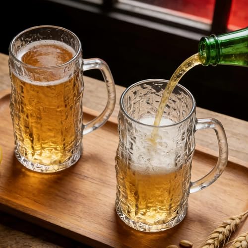 Image of PrimeWorld 480 ml Thailand Beer Mug Set of 2 | Heavy Glass Beer Steins with Handle | Sturdy Base, Freezer-Friendly Beer Glasses for Home Bar, BBQ & Parties