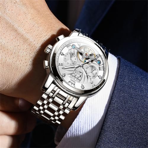 Image of OLEVS Men Automatic Watch Skeleton 5 Hands Mechanical Classic Luxury Multi Calendar Stainless Steel Waterproof Wrist Watch for Men