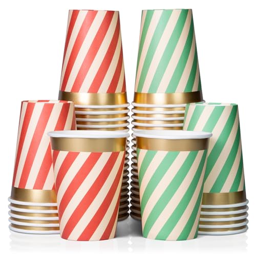 Image of Confettiville Disposable Paper Coffee Cups, Bulk 50-Pack, Christmas Party Supplies Treat Cups, 12 oz Hot and Cold Cups for Restaurants and Parties, Red and Green Diagonal Stripes, Gold Foil