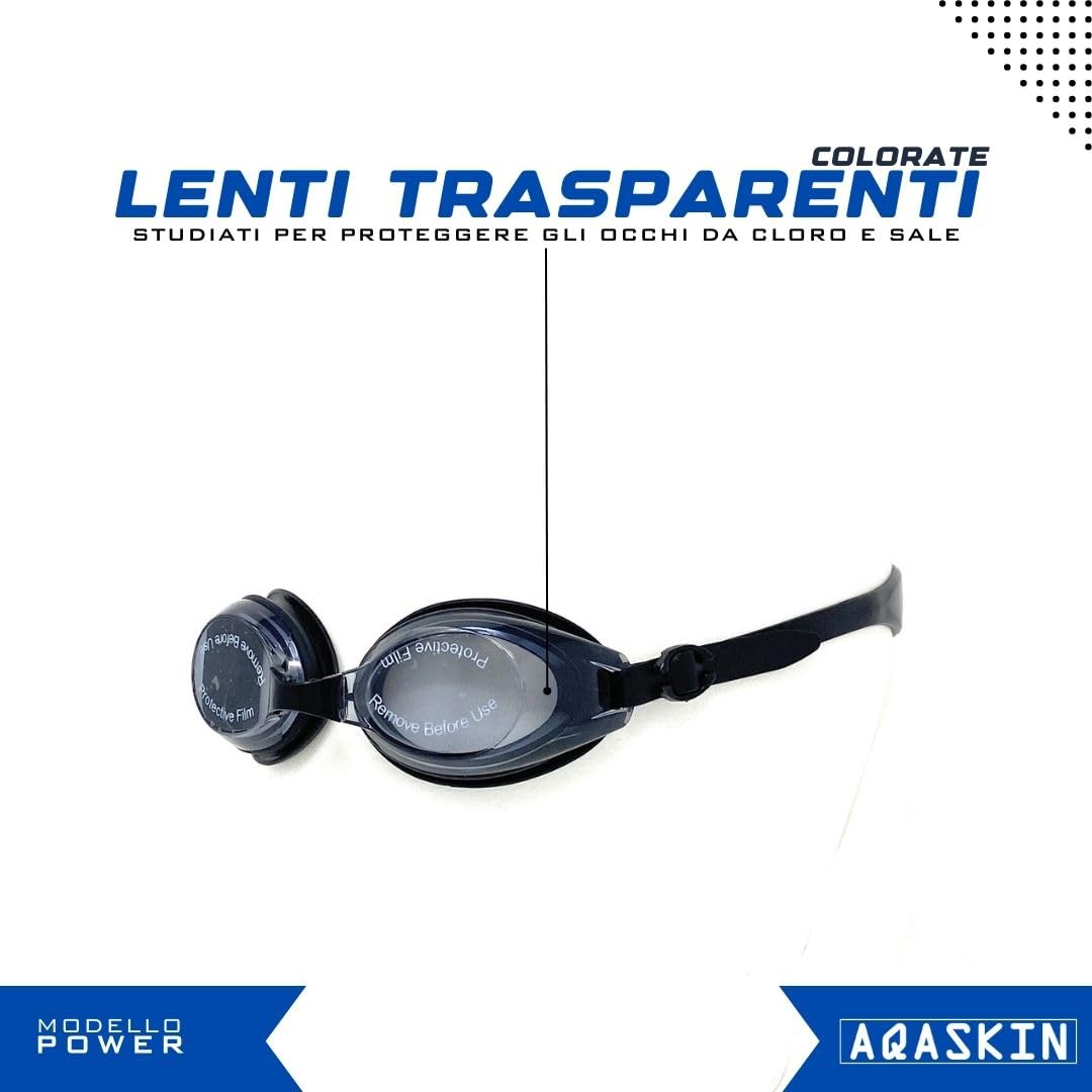 Occhialini Nuoto Professionale Modello POWER - SCONTI QUANTITÁ - Anti-Perdita - Piscina e Mare per Adulti e Bambini - 3 Ponti Nasali Intercambiabili, Cinturino Singolo.