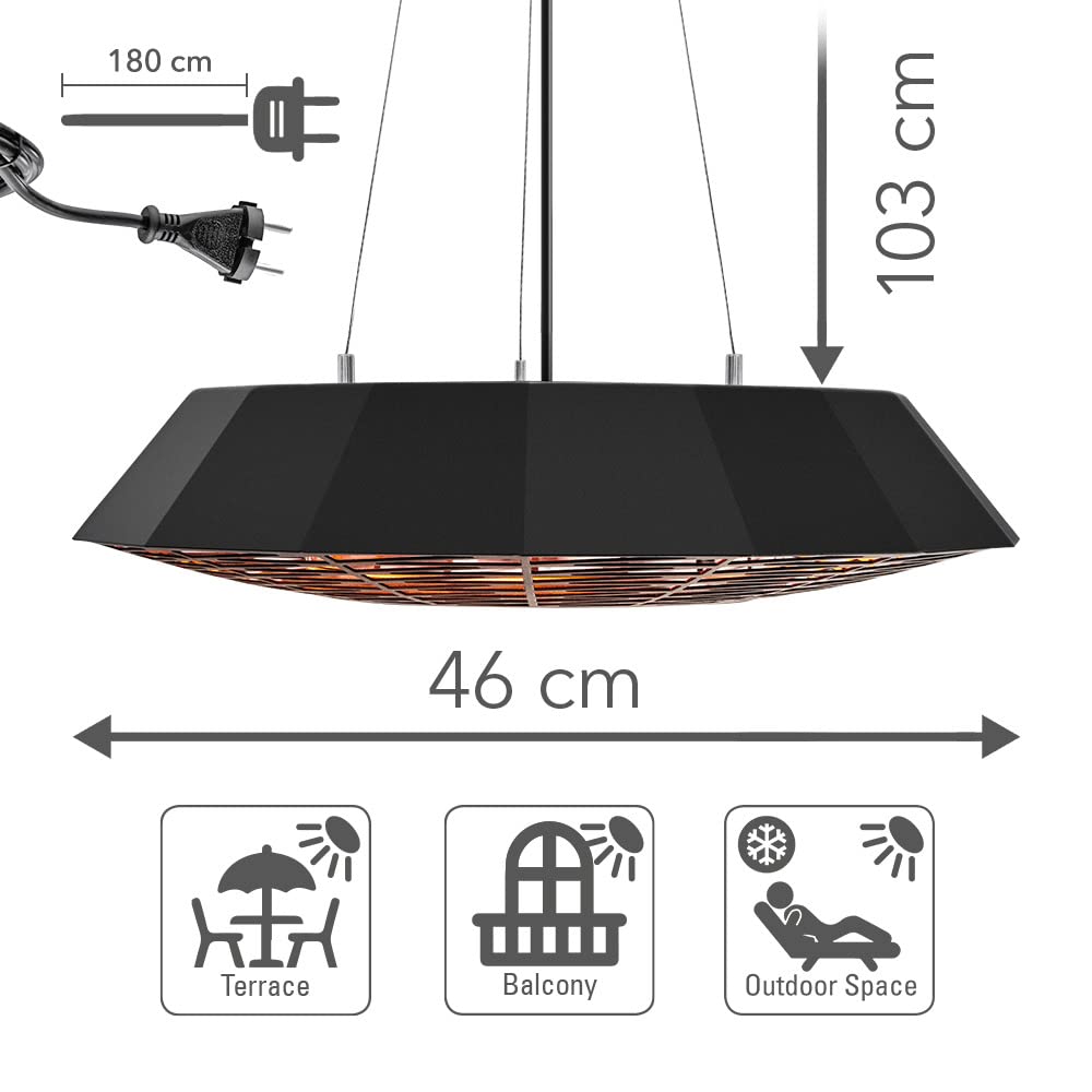 TROTEC Promiennik podczerwieni IR 2010 SC – moc grzewcza 2000 W – promiennik sufitowy do patio, balkonu lub cateringu na zewnątrz, z pilotem, oświetlenie LED