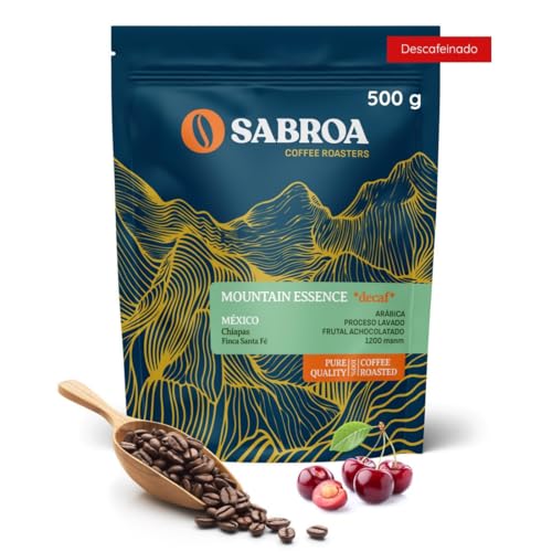 SABROA Café En Grano Especialidad Tueste Natural Origen 100% Arábica Sabor Aromático Intenso Alta Altitud Notas Acidez Equilibrada Mountain Essence Descafeinado (500Gr, México Descafeinado)