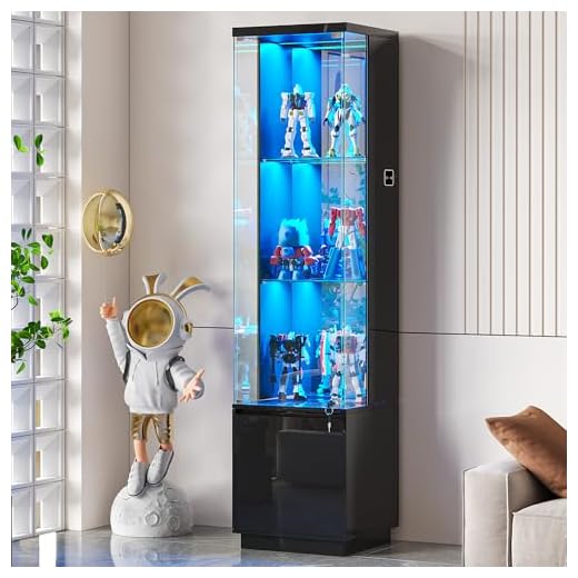 Lvifur Lockable Curio Display Cabinet with Glass Door,65" Lighted Curio Cabinet with 3 Color Lights for Collectibles,3-Tier Glass Display Case with Human Body Sensor for Living Room,Black