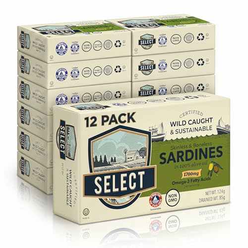 SELECT Wild Caught Sardines in Olive Oil Skinless & Boneless Sardines Non-GMO High Omega-3 Sustainable Seafood Ready to Eat Protein (12 pack)