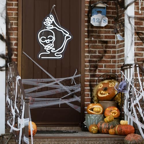Image of Skeleton Skull Neon Sign White Halloween Waving Ghost Led Light Up Signs for Wall Window Decor Usb Fun Lamp Neon Light Signs for Bedroom Beer Bar Man Room Birthday Halloween Party Gifts