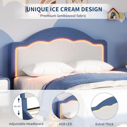 Image of GarveeHome Full Size Bed Frame with LED Headboard for Kids, Sherpa Upholstered Platform Bed Frame with Storage Drawer and Wood Slat Support, No Box Spring Required, Easy to Assemble (Blue, Full)