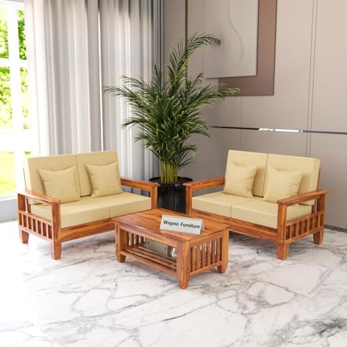 Image of Sheesham Wooden 4 Seater Sofa Set for Living Room | Rosewood Cushion Sofa with Side Newspaper Holder for Home & Office | Solid Wood Sofa Set for Lounge (Honey, 2+2 Seater)