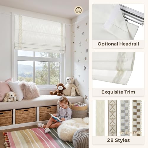 Image of TWOPAGES Isabella No Drill Cordless Roman Shade Linen Textured Cotton Roman Blind for Windows, Custom Made Room Darkening Blackout Roman Window Shade, Hardware Included, Beige White, 1 Piece