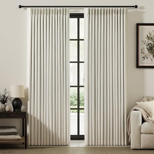 IVAPUPU Pinch Pleated Linen Blackout Curtains for Bedroom Natural Full Black Out Curtains 84 Inches Long for Living Room Darkening Thermal Insulated Neutral Pleat Drapes with 16 Hooks 2 Panels