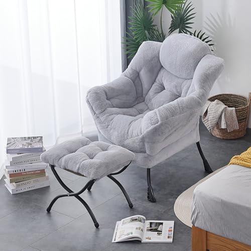 Image of LITA Lazy Chair with Ottoman, Modern Accent Leisure Upholstered Sofa Chair, Contemporary Lounge Reading Chairs with Armrests and a Side Pocket for Living Room, Bedroom & Small Space, Plush Grey