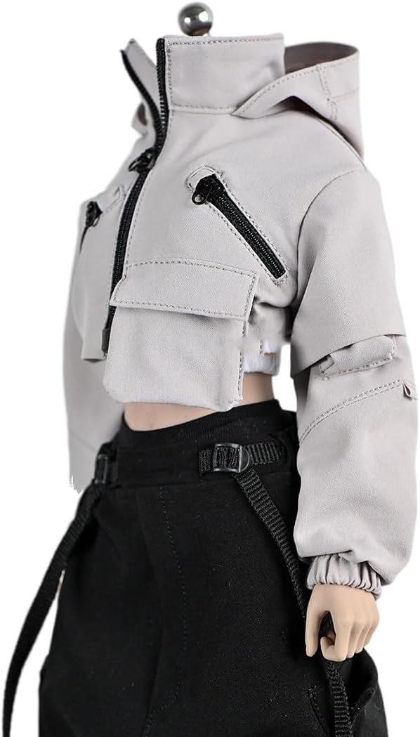 Fremego 1/6 Scale Female Clothes,Female Short Functional Tops Tactical Coat Hooded Zipper Tops Clothing for 12inch PH TBL JO Worldbox Action Figure (Black)
