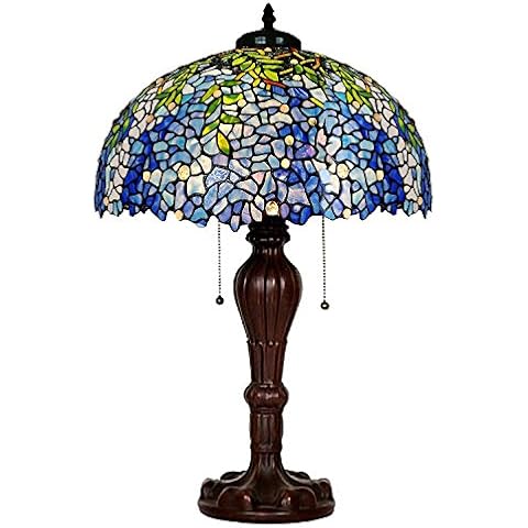MAGCOLOR Table Lamps, Tiffany Style Stained Glass Purple Wisteria Table Lamp with 16 inches Handmade Lampshade and Brown Round Lamp Base Made of Zinc Alloy,Suitable for Decorating Room Cover