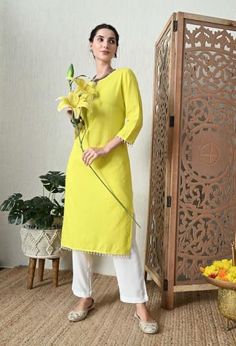 Image of Amazon Brand - Tavasya Women Cotton Katha Straight Regular Fit Kurta | Solid Ethnic Kurti | 3 /4 Sleeve Casual & Office Wear |Kurta for Women