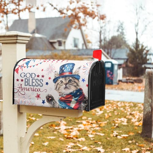 Image of 4th of July Cat Mailbox Cover Magnetic Standard Size God Bess America Flag Stars Patriotic Firework Mailbox Wrap Letter Post Cover 21x18 Inch for Garden Yard Outside Outdoor Decor