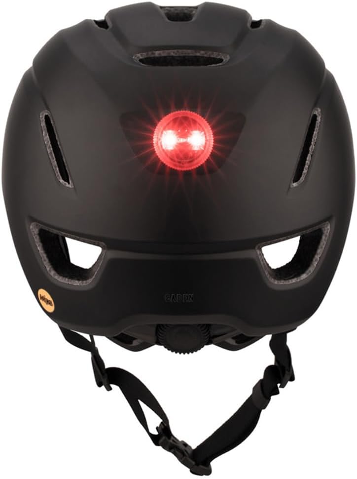 Rear view of Giro Caden LED MIPS helmet with LED light illuminated