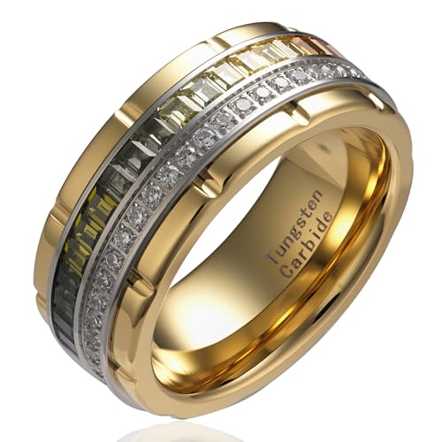 100S JEWELRY 10mm Gold Tungsten Rings For Men Rainbow & Clear CZ Moissanite Wedding Promise Band Size 6-16