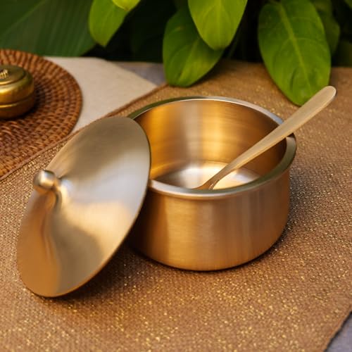 Image of Very Vogue Pure Kansa Serving Bowl (1000 ML) - Medium Size Handi /Tapeli /Bhagona with Serving Spoon | Golden Kansa Cook & Serve Vessel