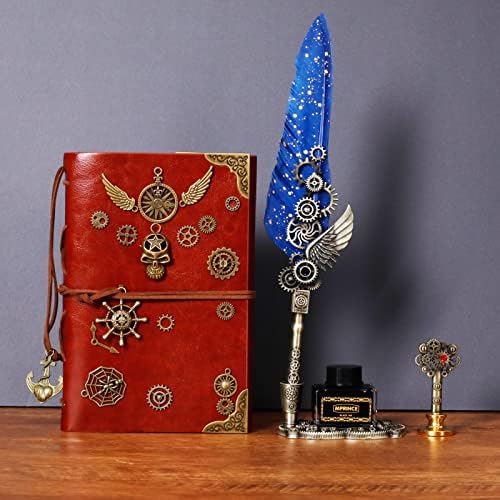 Quill Pen Ink Set Leather notebook With Quill Pen, Notebook, 5 Replaceable Nibs, Seal Stamp, Spoon, Wax Beads, White Wax, Ink, Pen Holder, Cup, Envelope, Letter Paper, Envelope Tool(blue)