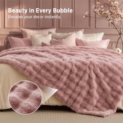 Image of Bedsure GentleSoft Bubble Faux Fur Blankets Queen Size, Fluffy Fuzzy Queen Blanket for Bed, Soft Cozy Faux Fur Bedding for Winter, Thick Warm Plush Bed Cover, Dusty Rose, 90x90