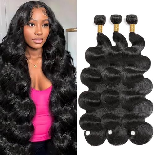 Asxdovig Brazilian Human Hair Bundles 14 16 18 Inch Body Wave,12A Grade, 100% Unprocessed Virgin Hair Weave,3 Pcs Natural Black Extensions