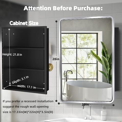 Image of Movo Medicine Cabinet with Mirror, 20x28 Inch Farmhouse Metal Framed Rectangle Bathroom Mirror Cabinet, Recess or Surface Mount Installation Chrome