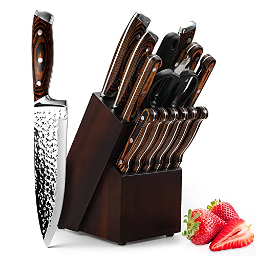 Knife Set, Psvweyo 15-Piece Kitchen Knife Set With Block Wooden, Self Sharpening For Chef Knife Set, Japan Stainless Steel, Hammered Collection Block Set and Steak Knives, Boxed Knife Sets