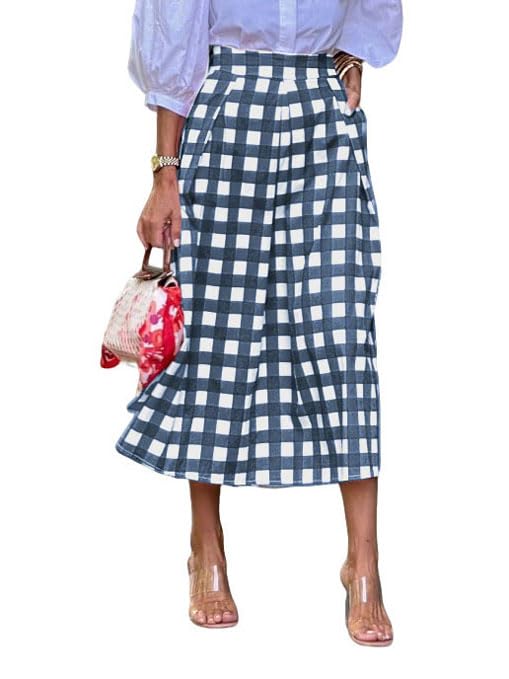 utcoco Women's Gingham Midi Skirt Retro Casual Office High Waisted A Line Pleated Checkered Skirt