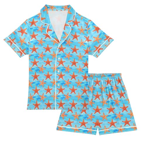 Starfish Blue Pattern Summer Satin Pajama Set, Cute Button-Down Sleepwear Pj Set for Sleep Wears