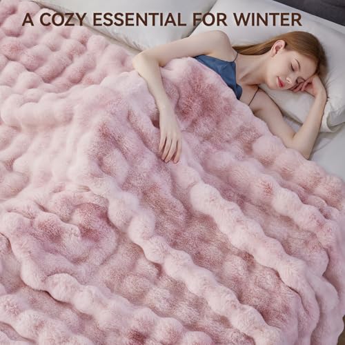 Faux Fur Throw Blanket, 1000GSM Fluffy Soft Bubble Blanket for Couch Bed, Cozy Plush Warm and Thick Blanket, Fuzzy Rabbit Lola Throw for Living Room Bedroom 80''*90'' Pink