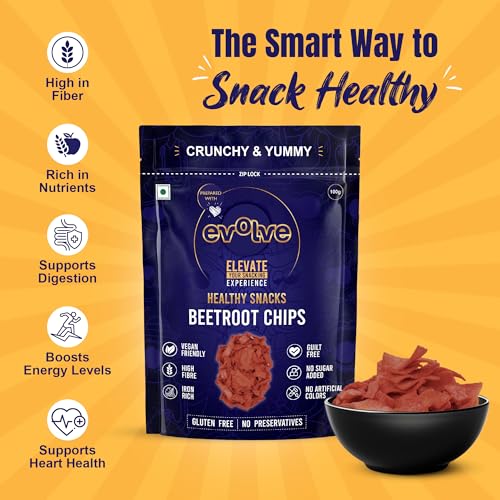 Image of Evolve Beetroot Chips | Healthy Snack for Kids & Adults, Gluten-Free, Vacuum-Fried, Natural & Crispy Vegetable Chips | 100g (Pack of 1)